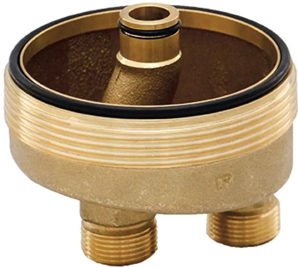Anschlussadapter von Grünbeck mit mehreren Anschlussgewinden. Das Produkt zeigt eine runde, metallische Bauform mit einer zentralen Öffnung und Dichtungsringen.